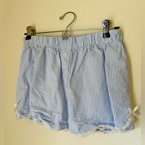 Blue Striped Boxer Shorts with Lace Trim and Bows | Size Large